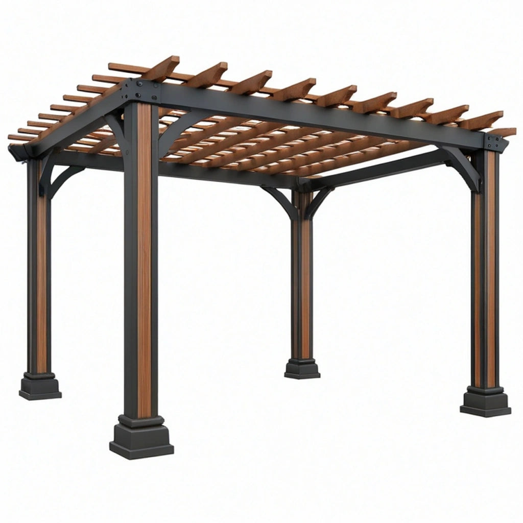 Pergola da giardino 400 x 300 x 250 cm in metallo e legno marrone antracite con copertura a listelli