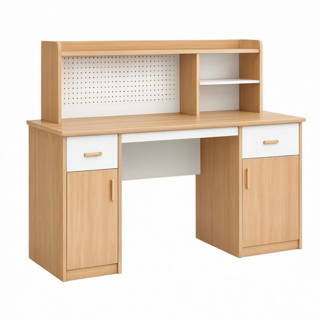 Scrivania 120 x 60 x 150 cm in legno rovere chiaro e bianco con ripiani e contenitori