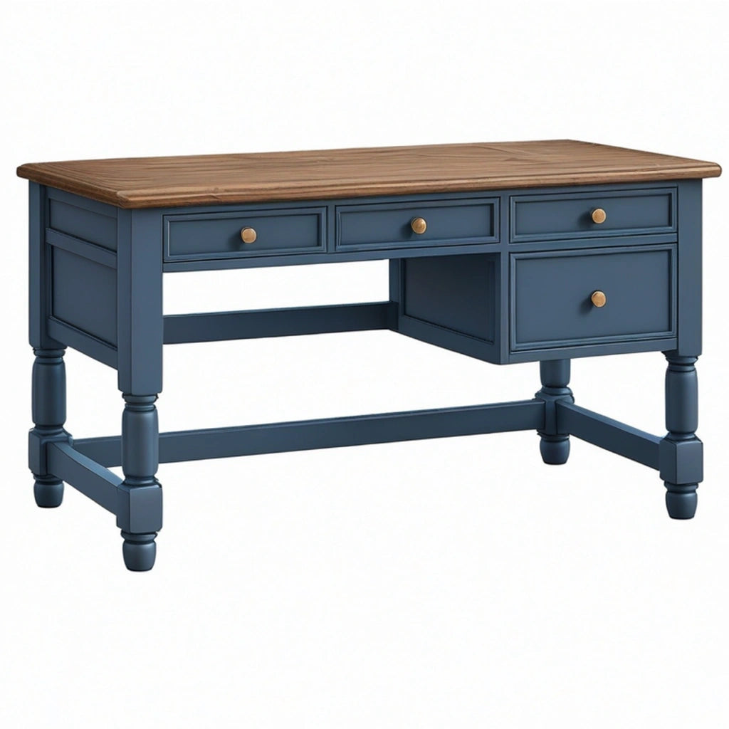 Scrivania 140 x 70 x 76 cm in legno blu e marrone con 4 cassetti stile classico