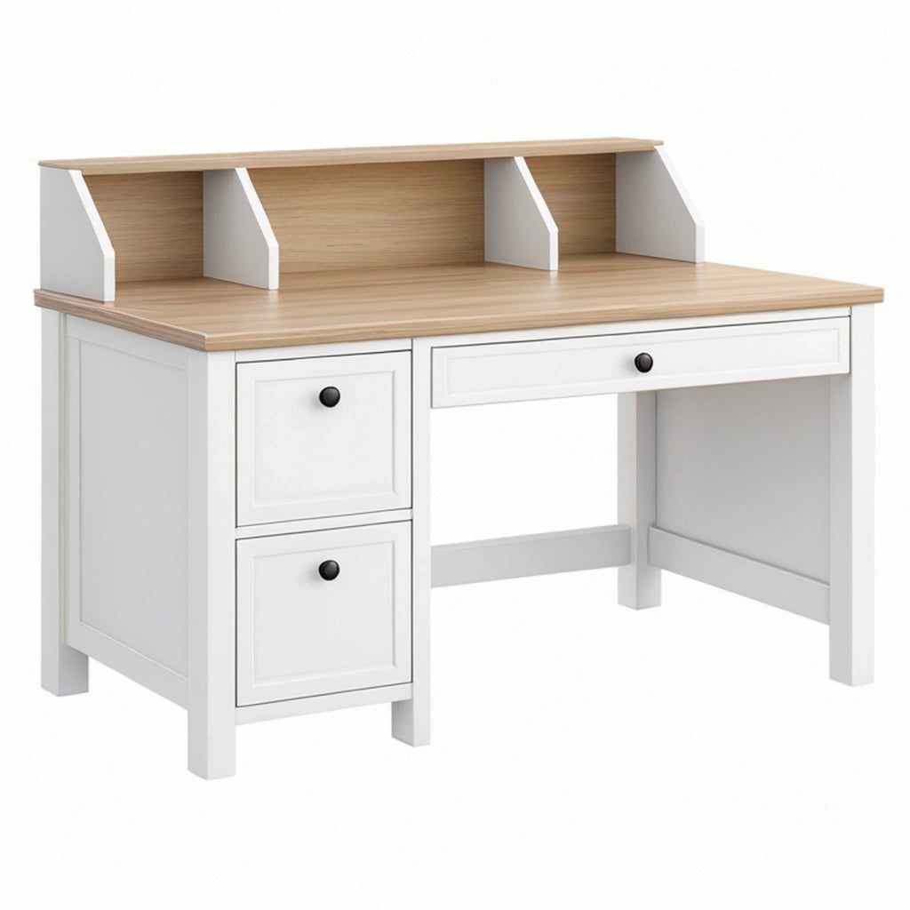 Scrivania 120x60x100 cm in legno bianco e rovere con cassetti e ripiano