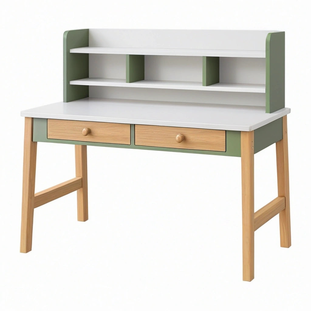 Scrivania 100 x 55 x 115 cm in legno bianco e verde con ripiani e cassetti stile nordico