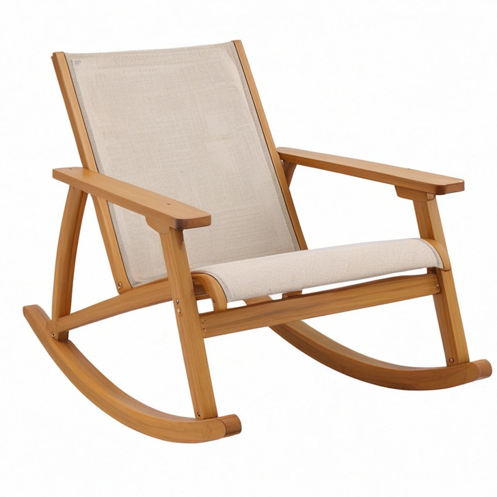 Sedia a dondolo 98 x 68 x 100 cm in legno naturale e tessuto beige con braccioli