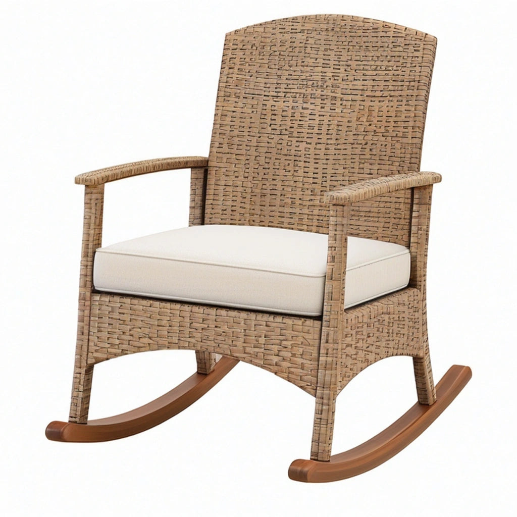 Sedia a dondolo 68 x 92 x 105 cm in fibra intrecciata naturale con cuscino color crema