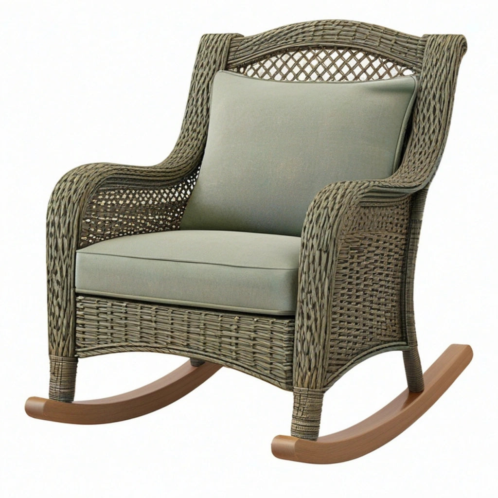 Poltrona a dondolo 90 x 75 x 110 cm in fibra intrecciata grigio tortora con seduta imbottita verde salvia