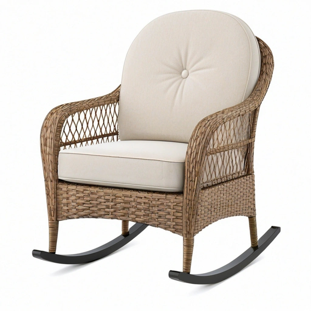 Poltrona a dondolo 70 x 90 x 100 cm in rattan beige con struttura nera per relax stile naturale