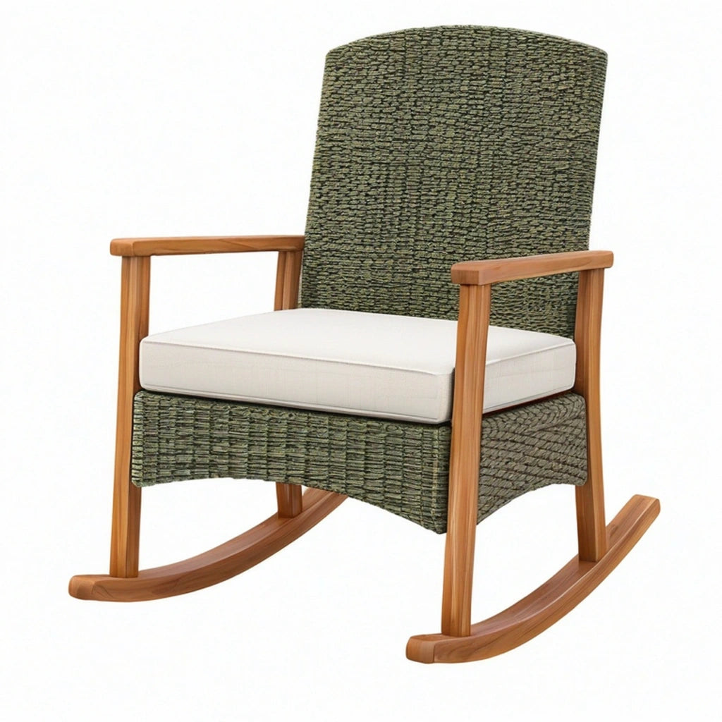Sedia a dondolo 65 x 90 x 105 cm in legno e intreccio verde con cuscino bianco