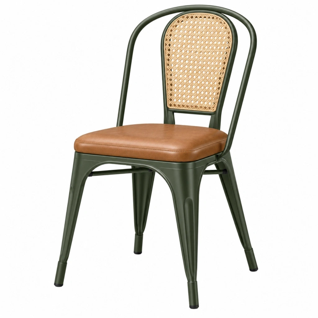 Sedia da pranzo 45 x 52 x 90 cm in metallo verde con seduta imbottita marrone e schienale in rattan stile industriale