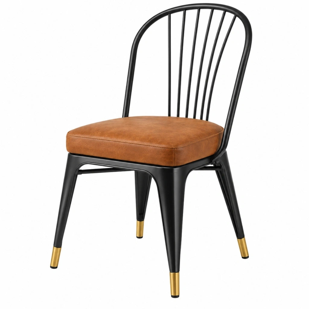 Sedia da pranzo 48 x 53 x 88 cm in metallo nero con seduta effetto pelle marrone stile industriale