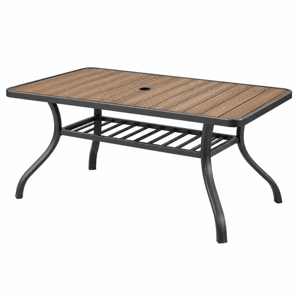 Tavolo da giardino 150 x 90 x 73 cm in metallo marrone effetto legno con ripiano inferiore