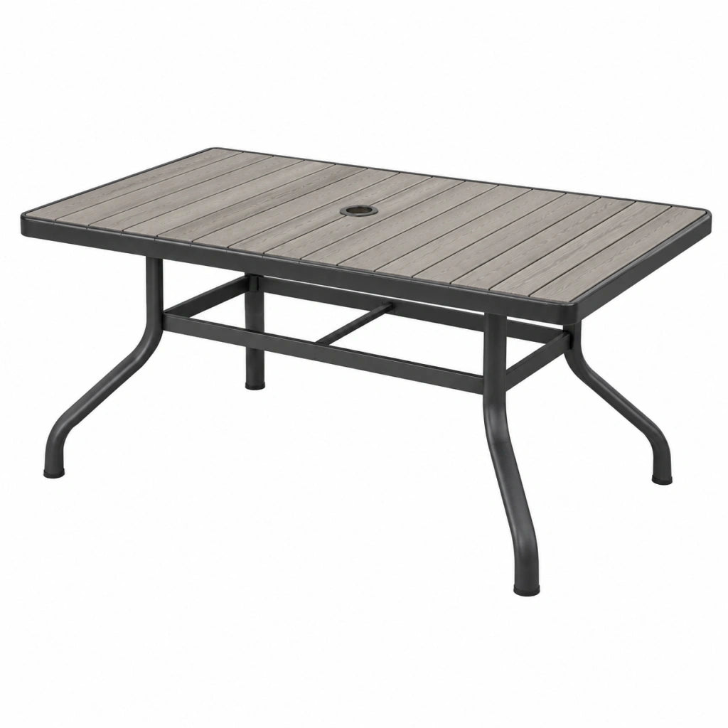 Tavolo da giardino 150 x 90 cm in metallo e materiale plastico grigio effetto legno con foro per ombrellone
