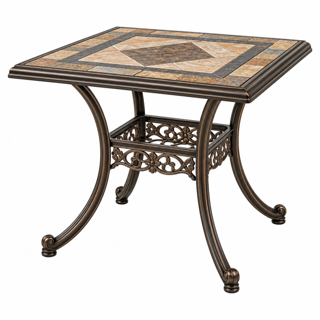 Tavolo da giardino quadrato 76 x 76 x 74 cm in metallo bronzo con piano effetto pietra stile classico