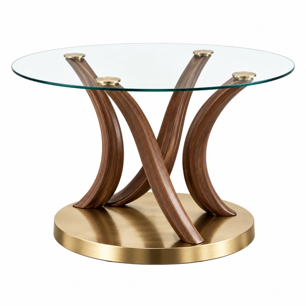 Tavolo da pranzo rotondo diametro 100 cm altezza 75 cm in vetro trasparente legno noce e metallo dorato moderno