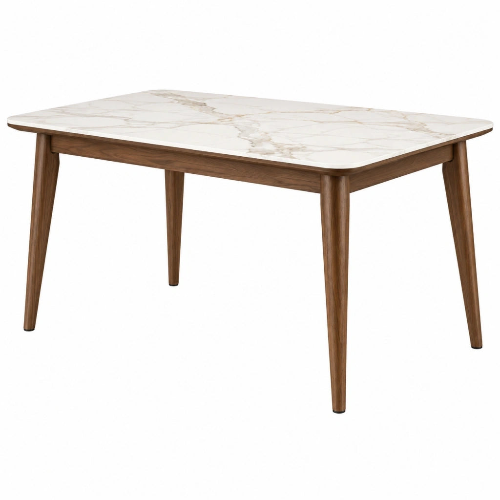 Tavolo da pranzo 160 x 90 cm in ceramica effetto marmo bianco e legno noce moderno
