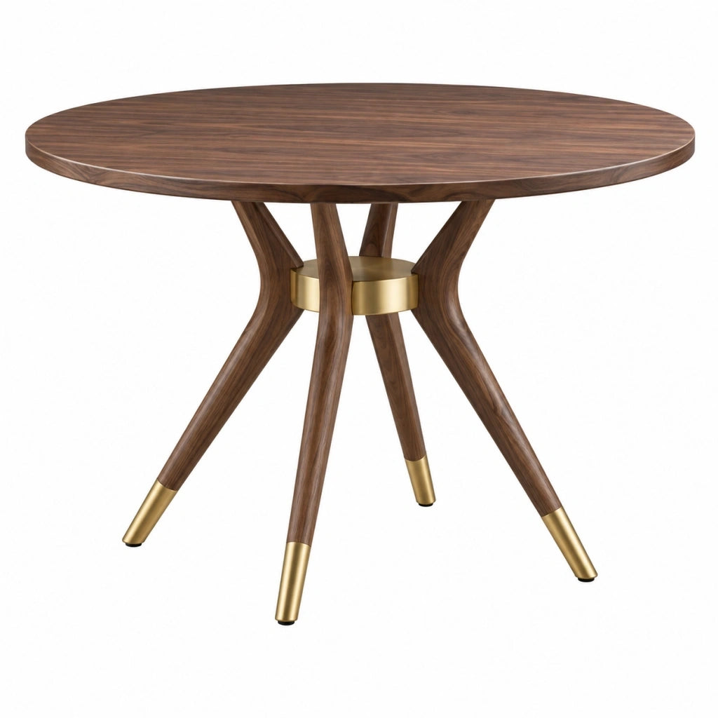 Tavolo da pranzo rotondo diametro 120 cm in legno marrone con dettagli dorati - stile moderno