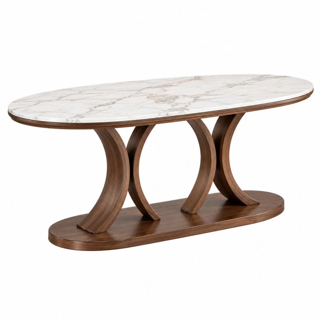 Tavolo da pranzo ovale 180 x 100 x 76 cm in legno marrone con piano effetto marmo bianco